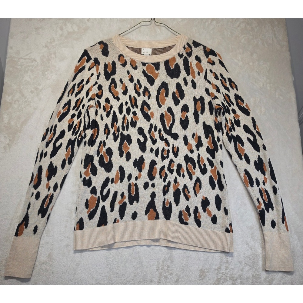 A New Day Womens Leopard Print Crewneck Sweater Tan Black Animal Print M
